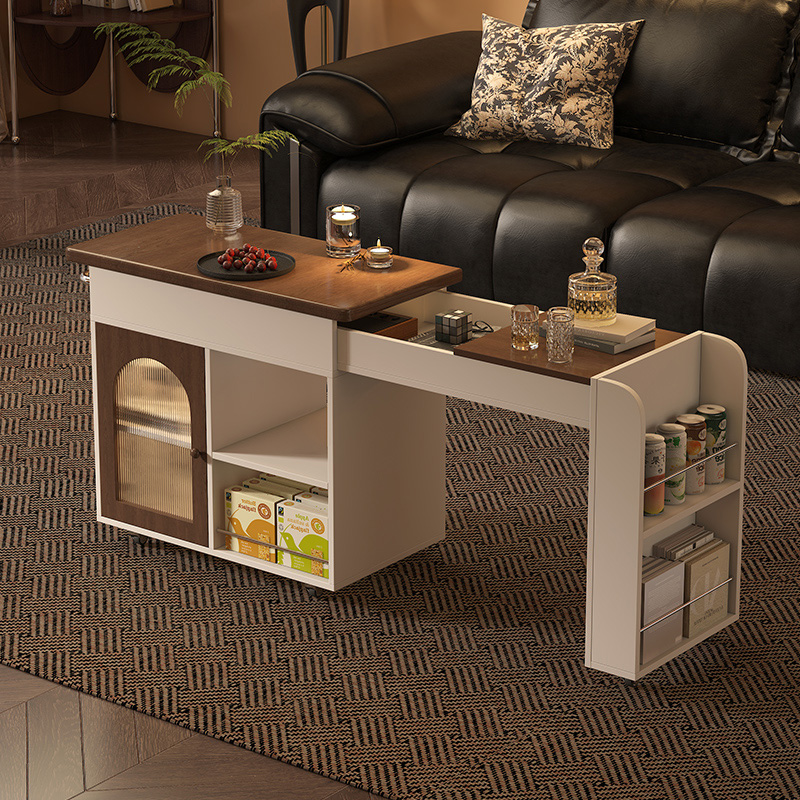 威展实木边几小户型可移动沙发边几法式中古风茶桌可推拉折叠茶几