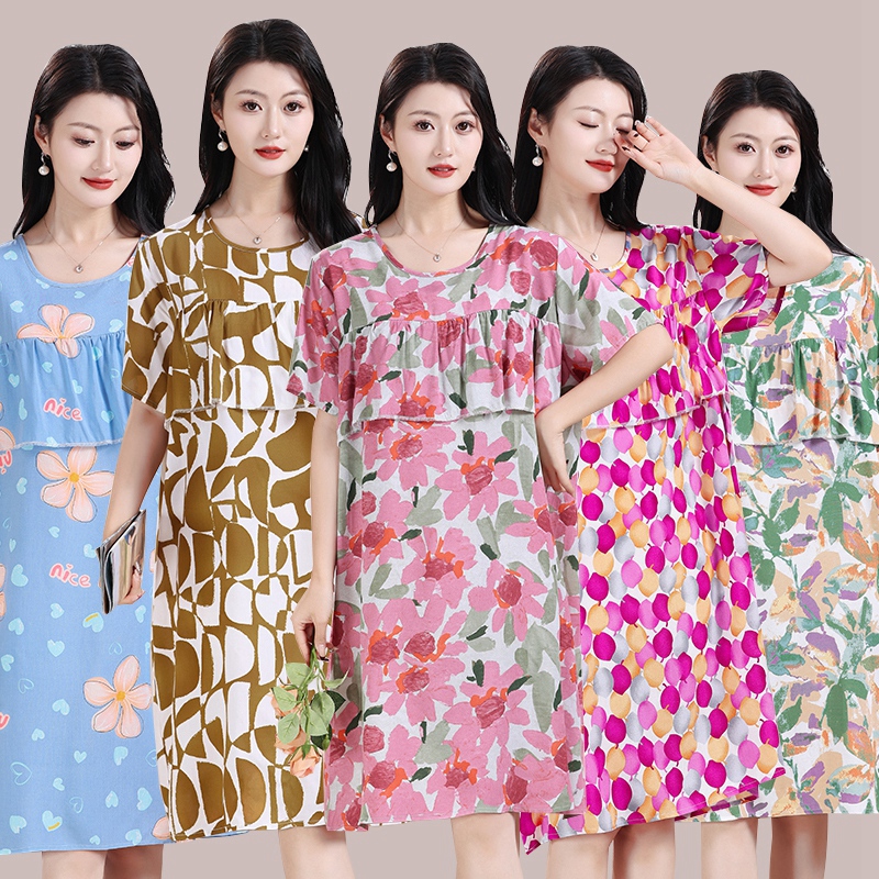 防凸点短袖连衣裙2025年新款遮胸睡衣中长款睡裙妈妈装休闲家居服