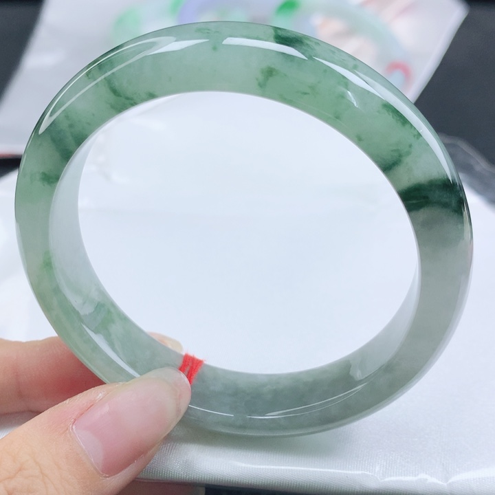 翡翠未镶嵌手镯缅甸57.5冰润飘深花正圈