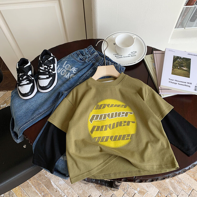 布迪儿长袖条纹民族风拼接吸汗宽松T恤帅气中大童小童春秋装S918