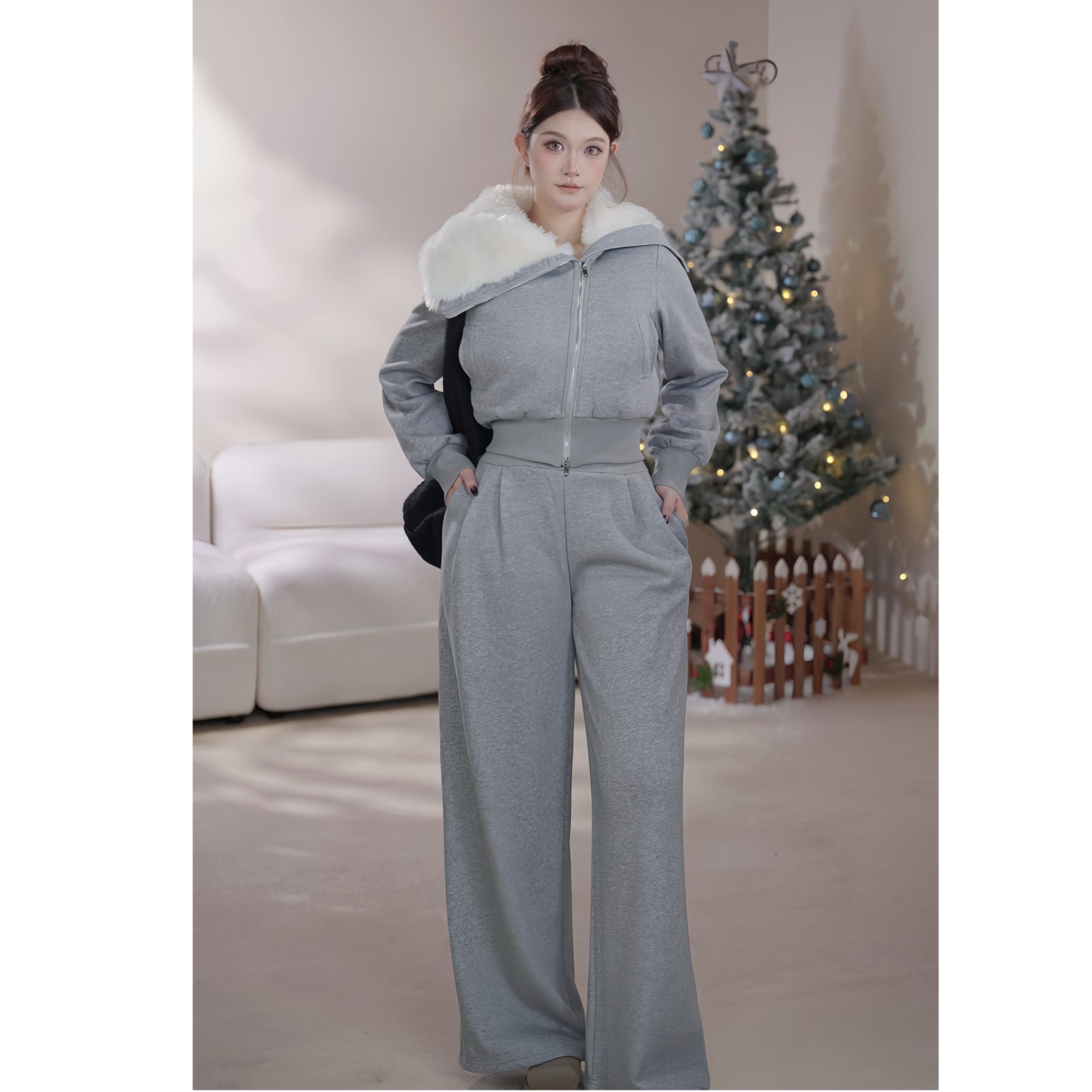 【暖冬纸片】秋冬韩系毛绒大翻领套装#Y4120126