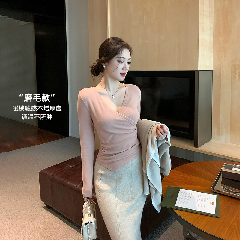 林关关【掐腰甜欲】秋季双面磨毛交叉长袖上衣温柔气质百搭打底T恤