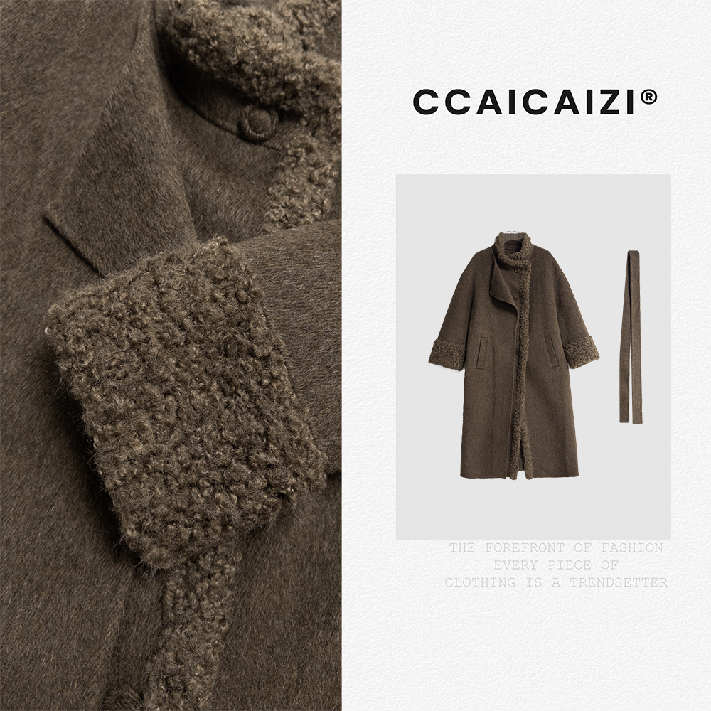 CCAICAI「檀兮」拼接绒边时尚腰带款立领双面呢羊毛大衣  85001