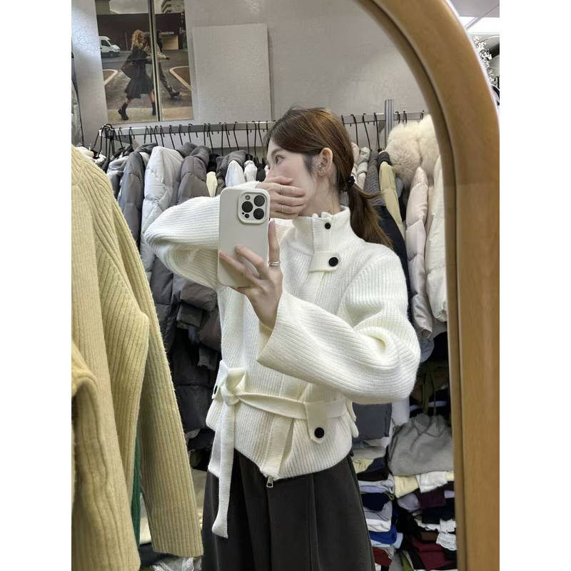 【清仓】“设计大爆炸"韩风立领绑带收腰毛衣秋冬气质保暖针织衫