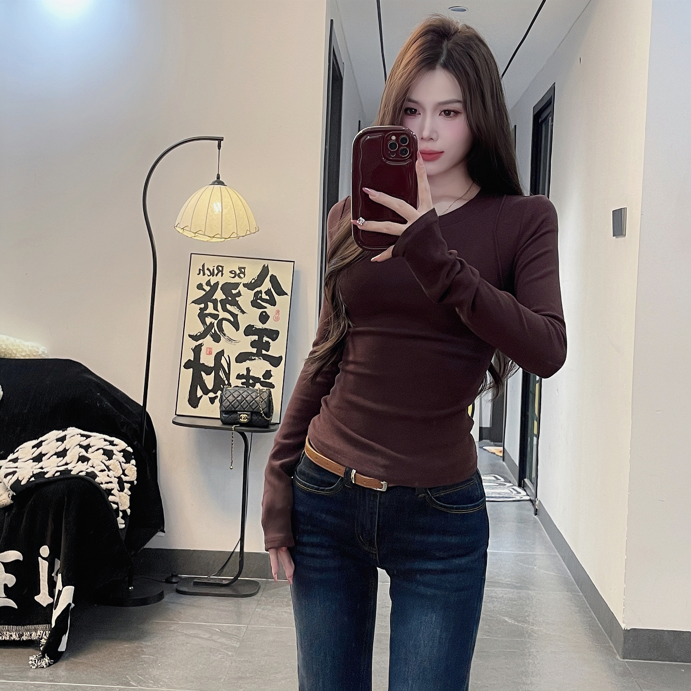 2025新款秋冬纯色内搭慕斯双面绒长袖圆领修身显瘦收腰T恤女1072