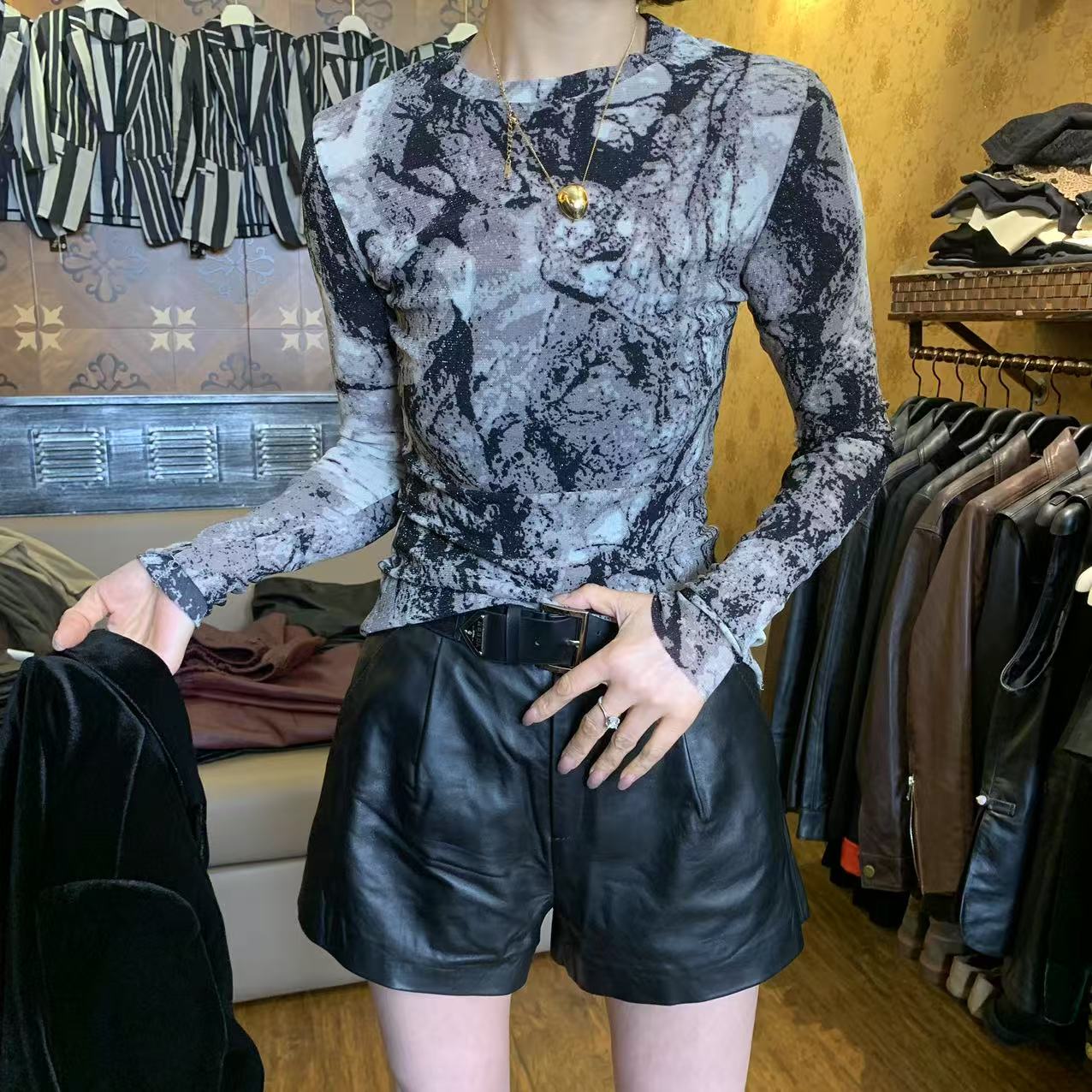 （现货）春夏新款高品水墨毛边弹力打底网衫353