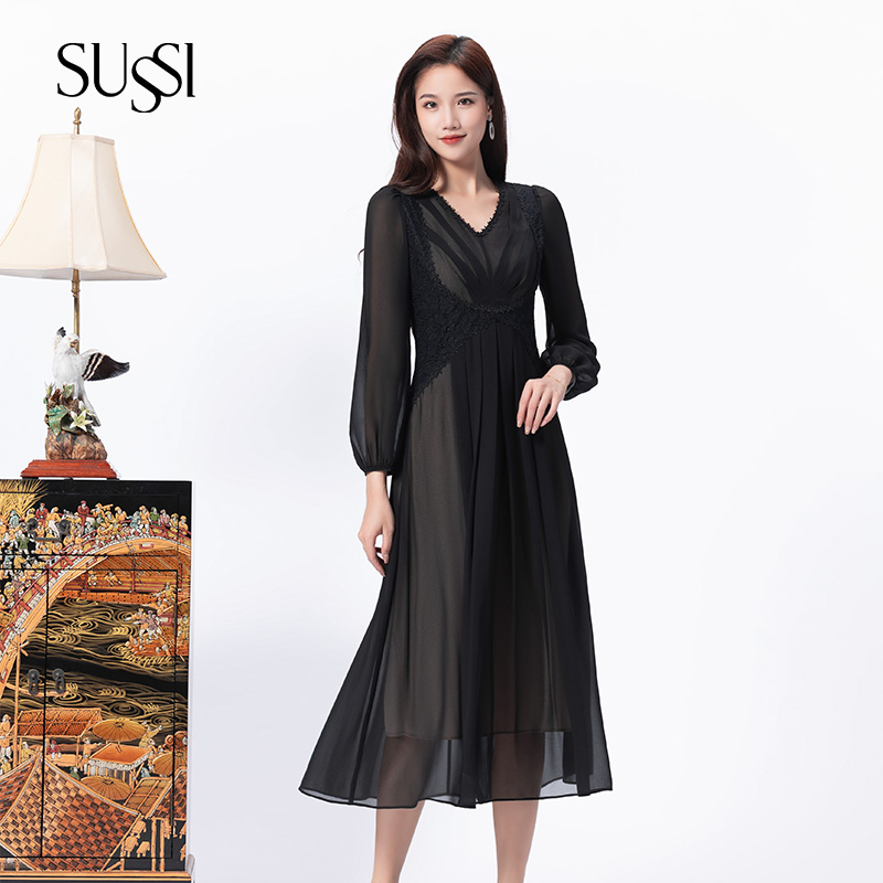 SUSSI/古色黑色百搭显瘦A字高腰通勤风连衣裙女