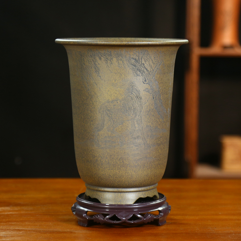 神力精品紫砂花盆沙皮青刻绘骏马兰花君子兰蝴蝶兰盆景兰草金钟盆