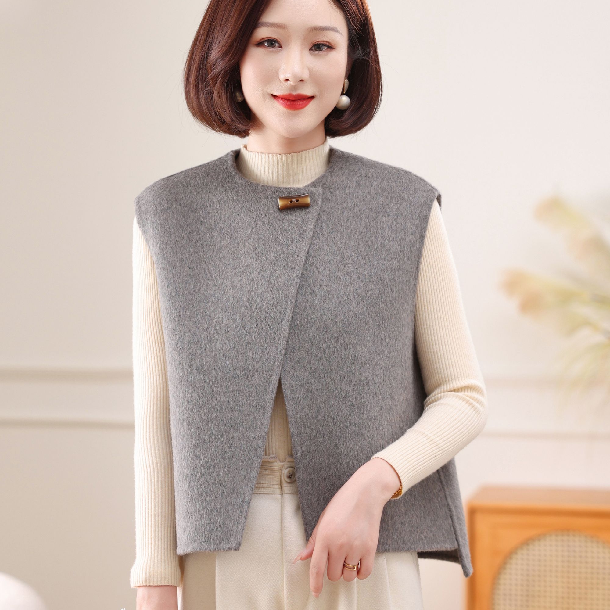ziyang/孜洋骆驼绒双面呢马夹外套圆领宽松型秋冬短款女百搭5231
