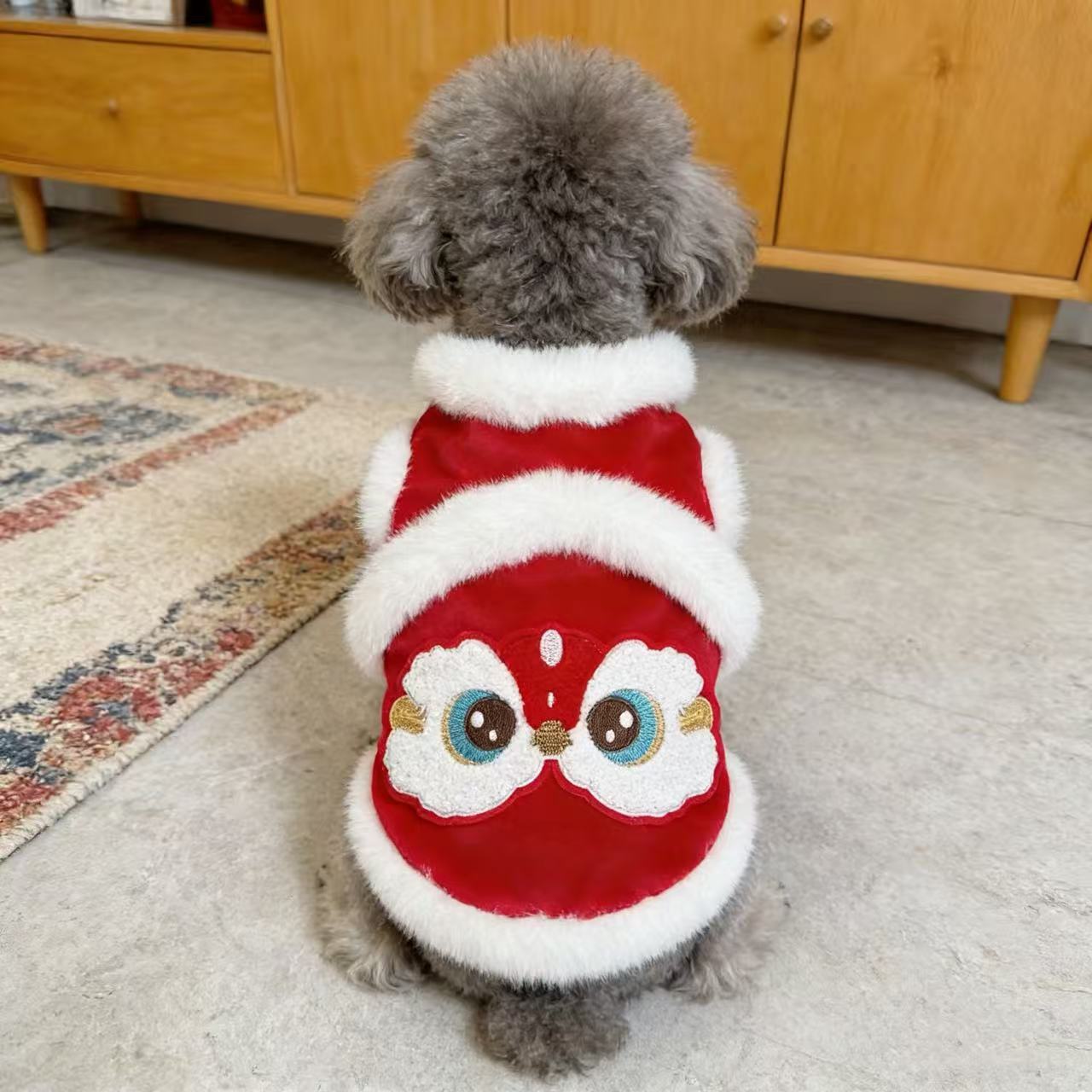 宠物衣服秋冬新款加绒醒狮刺绣拜年服狗狗猫咪过年外套