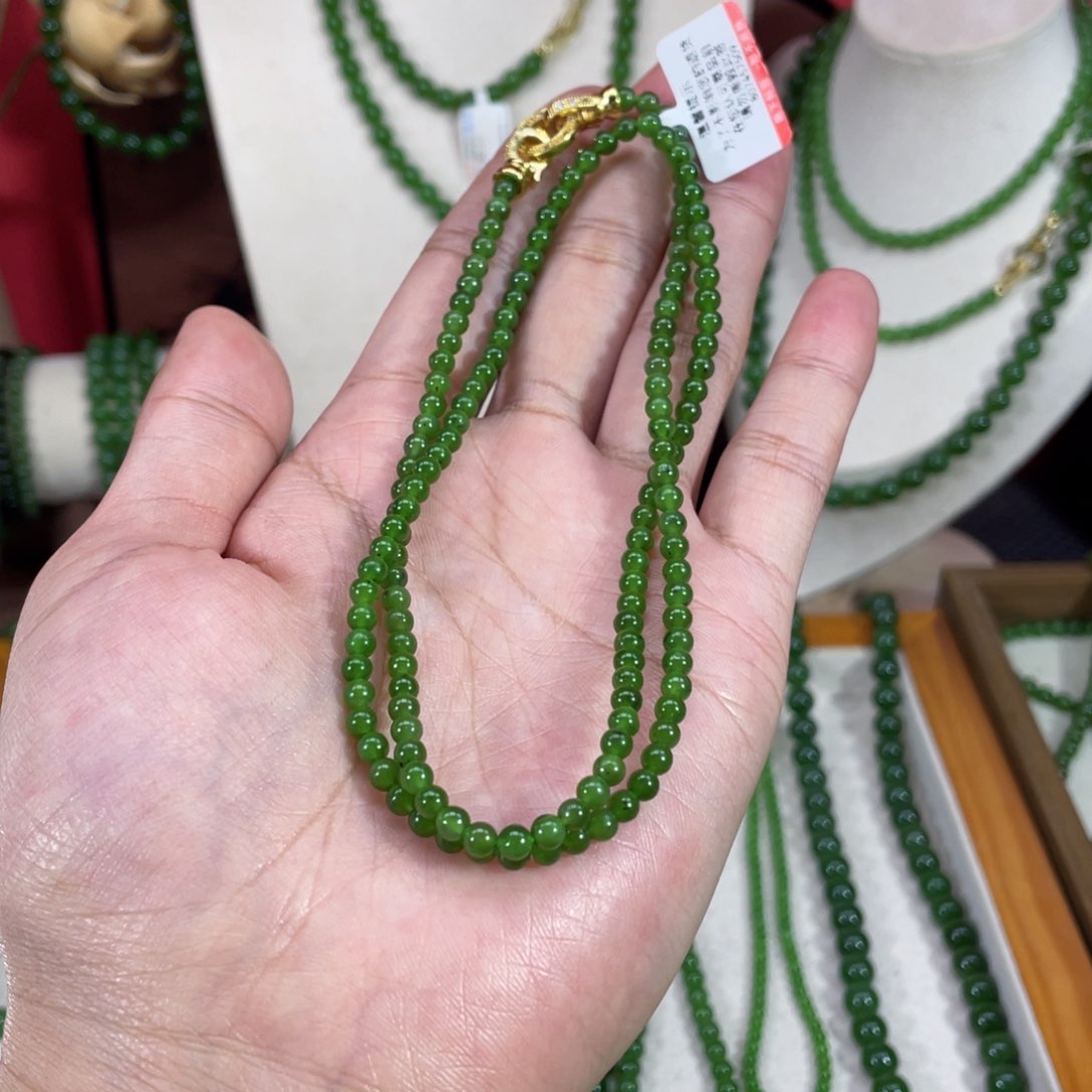 颈饰未镶嵌和田玉（碧玉）4mm和田玉碧玉项链辣阳绿微矿