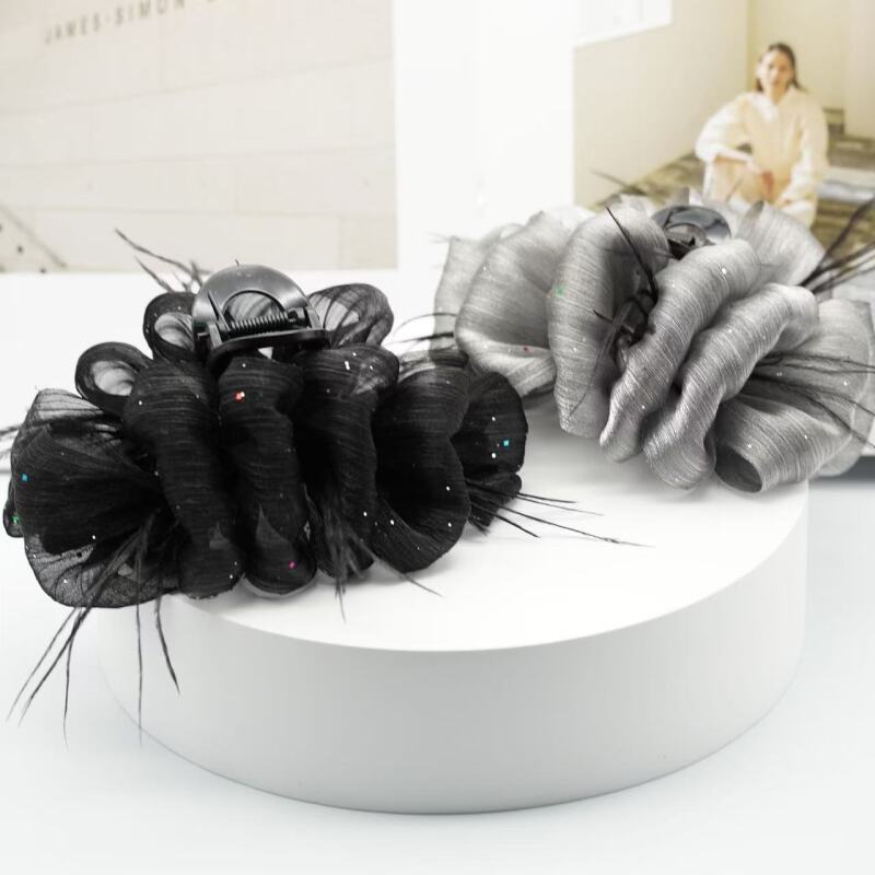 诗泊雅 欧根纱洒金羽毛抓夹高级感黑色羽毛毛发夹女后脑勺抓夹