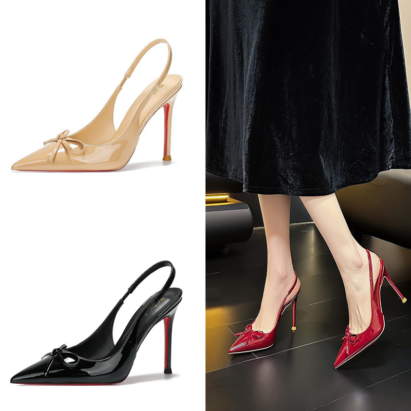 新款后空一字带尖头蝴蝶结细跟高跟鞋浅口单鞋性感气质包头凉鞋女