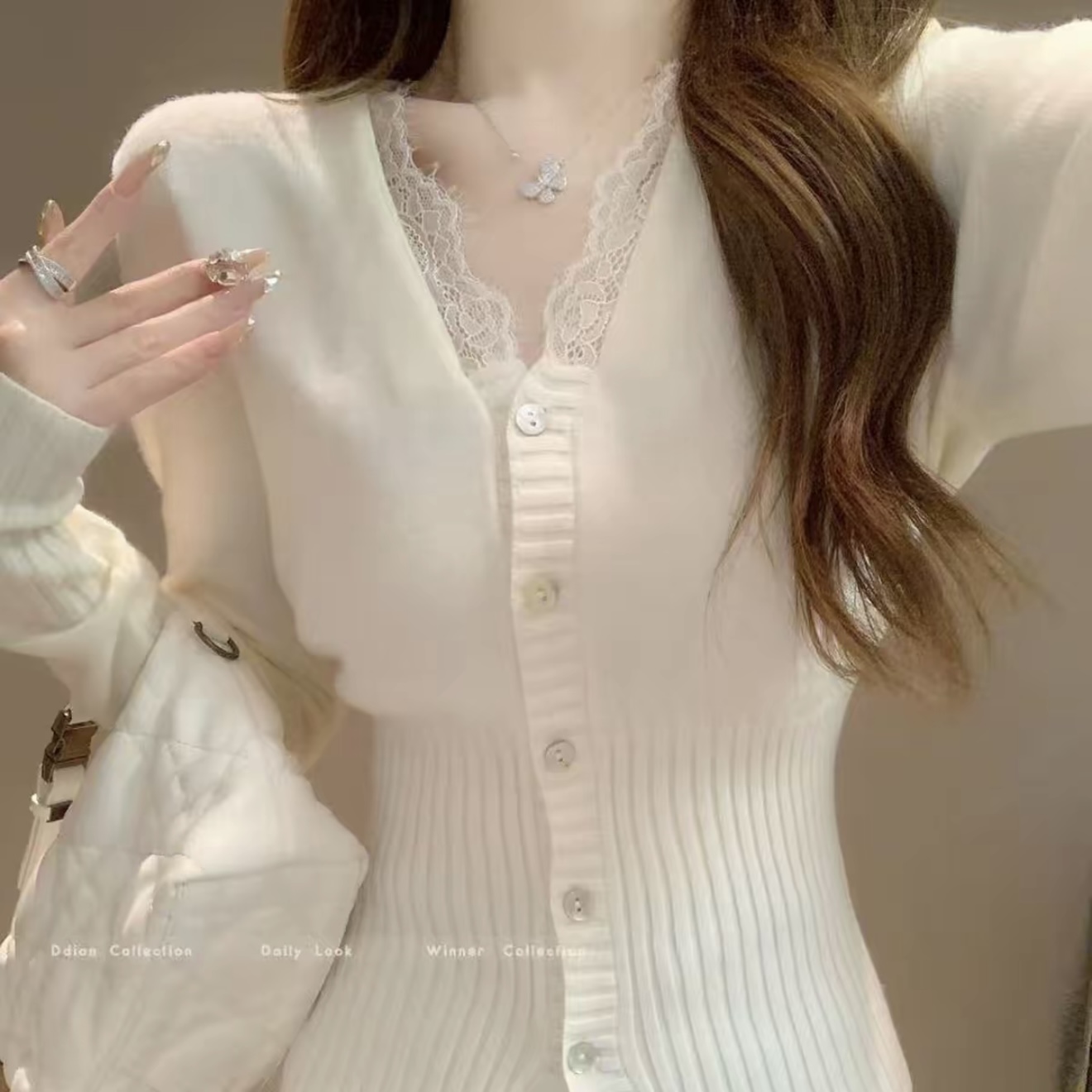 秋冬季纯欲风氛围感V领蕾丝女修身网红洋气针织衫上衣#3058