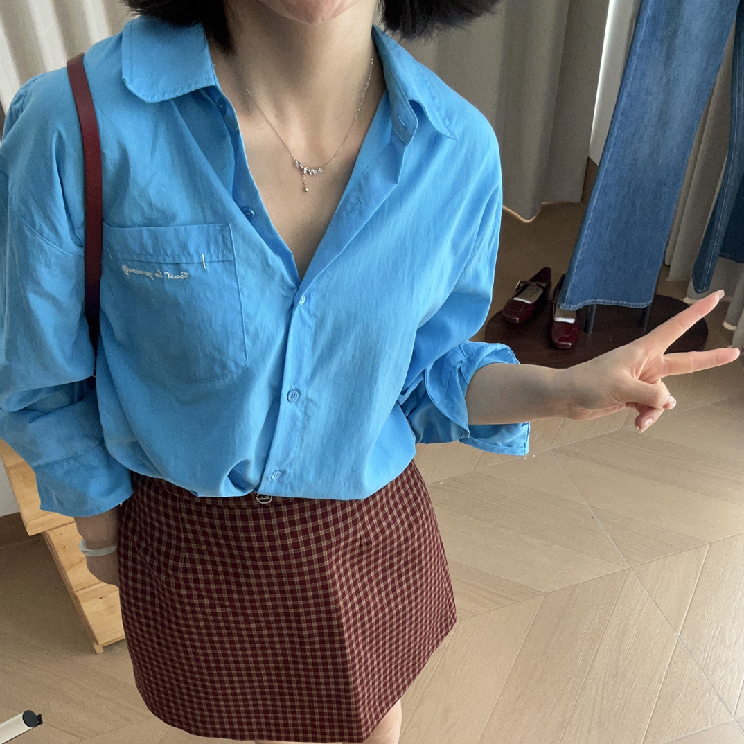 春秋新款韩版POLO领落肩宽松口袋长袖蓝色显白衬衫女