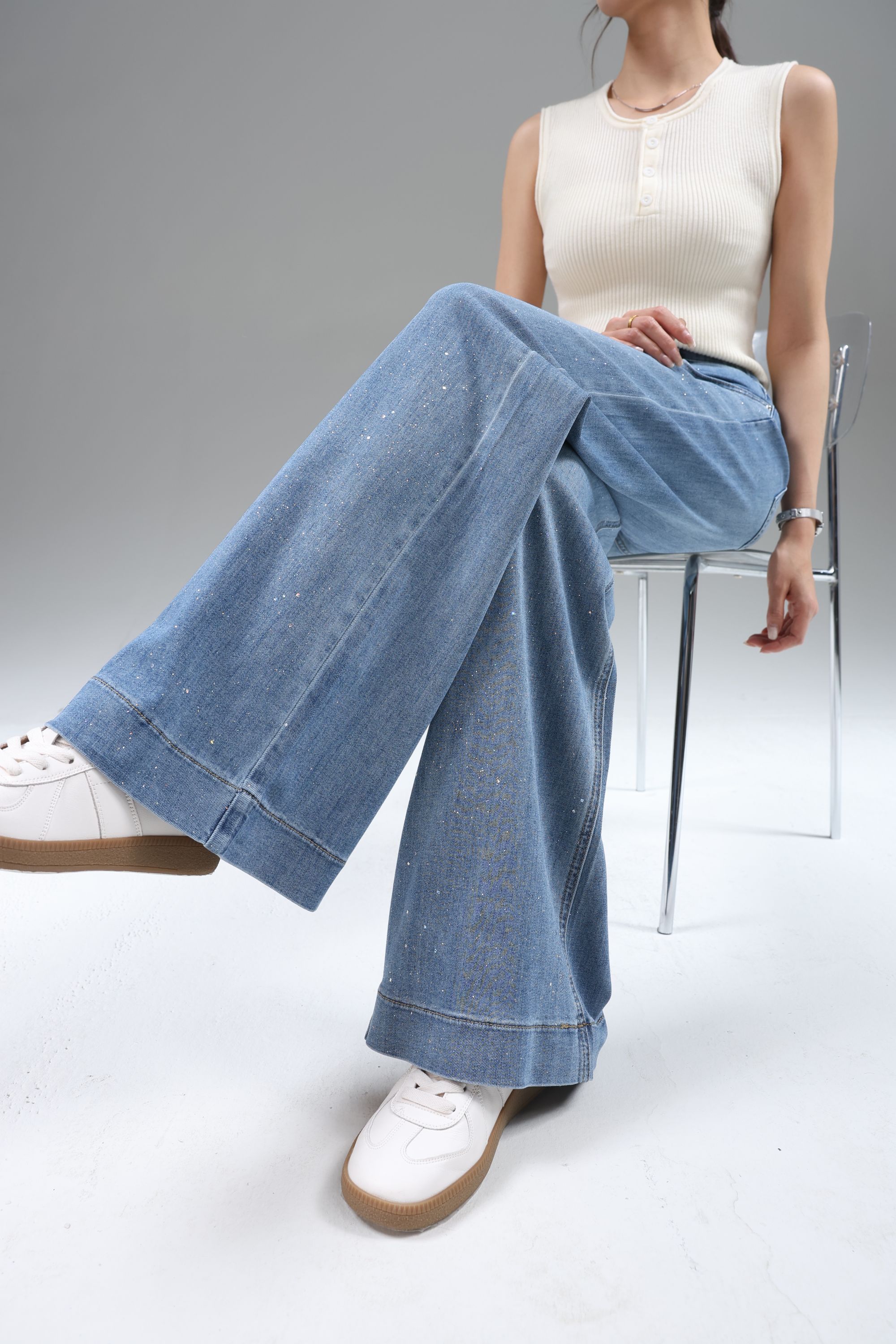 高个子加长大码烫钻莱赛尔阔腿拖地牛仔裤女2025夏季（手机拍摄）