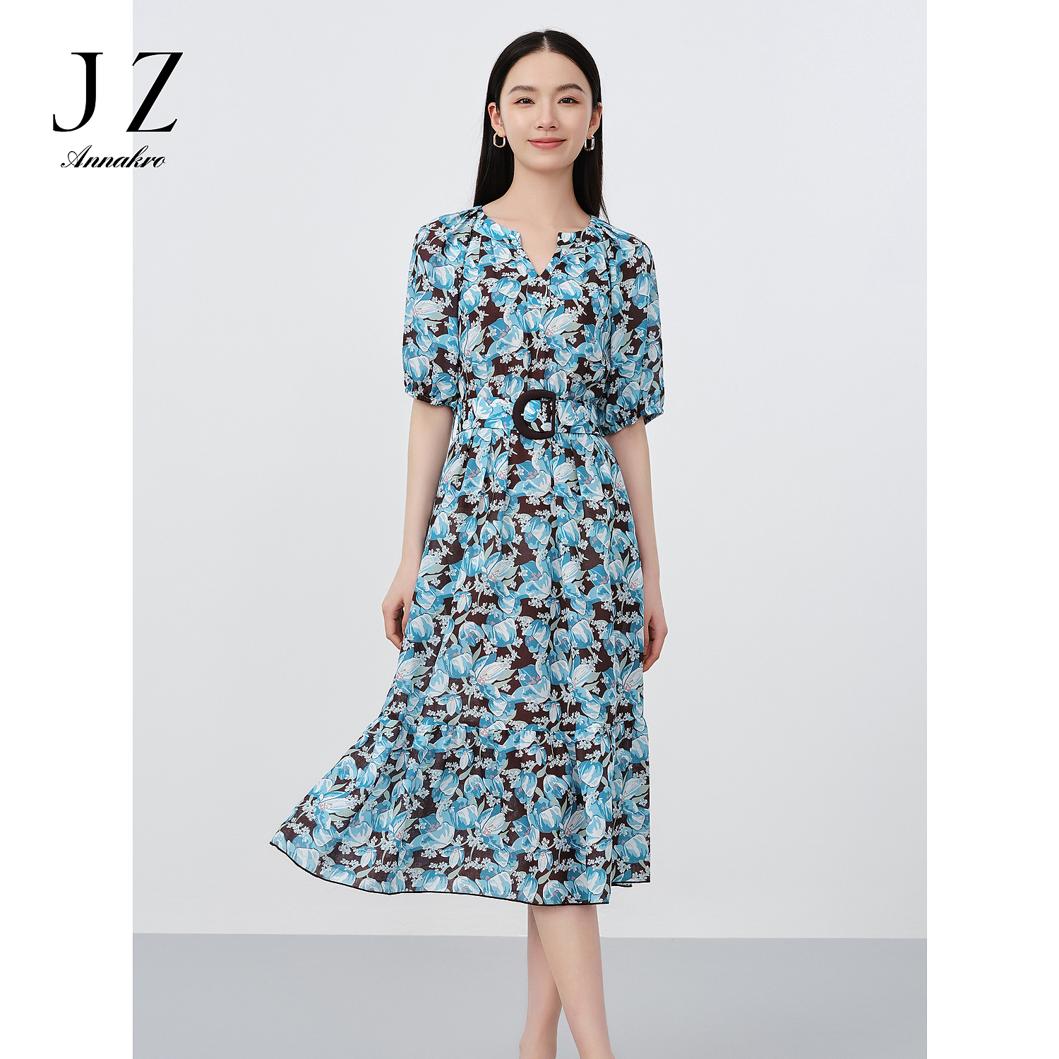 【丽公主专属】玖姿安娜蔻JTEX50061碎花薄荷冰印花收腰拼接连衣裙