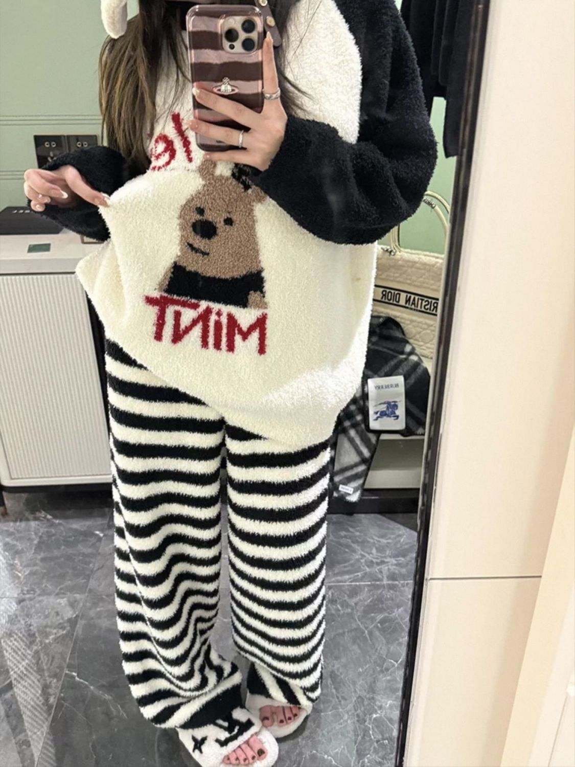 冬季半边绒睡衣女日系可爱甜美小熊加绒加厚珊瑚绒休闲套装家居服