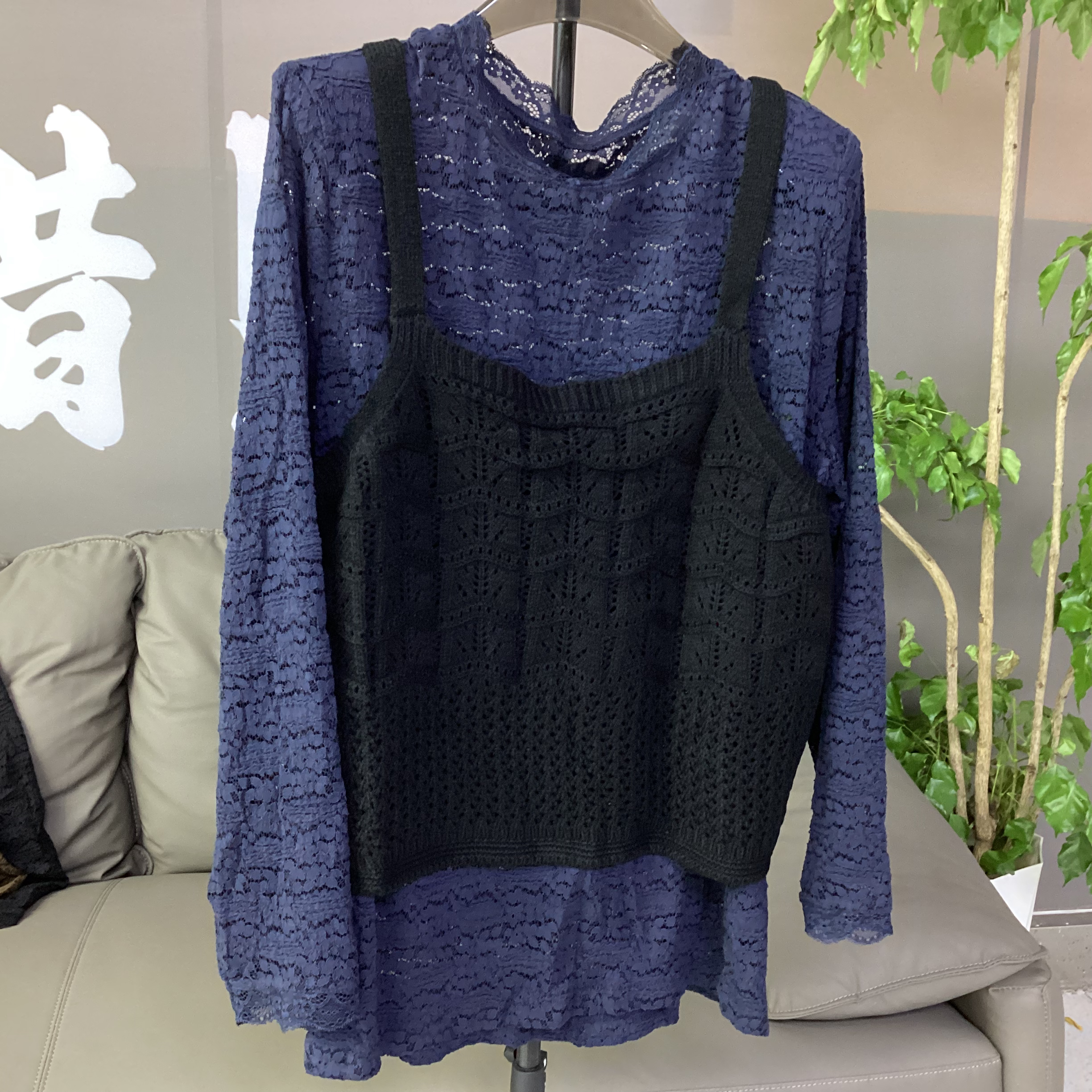 【MJ背心两件套】新款百搭洋气蕾丝长袖➕针织背心两件套