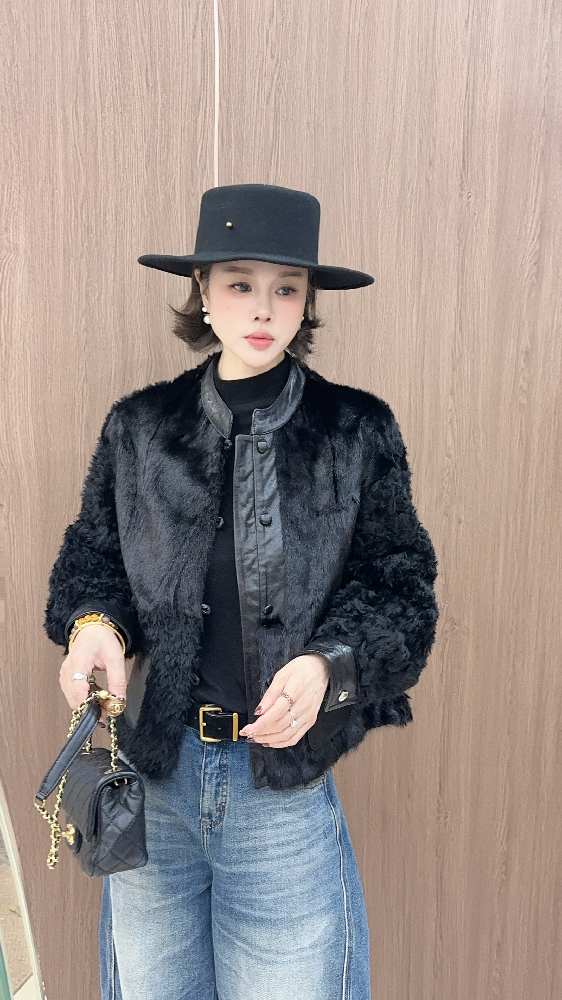 YUANJIE冬季新款设计感重磅水貂毛拼接拉贡外套