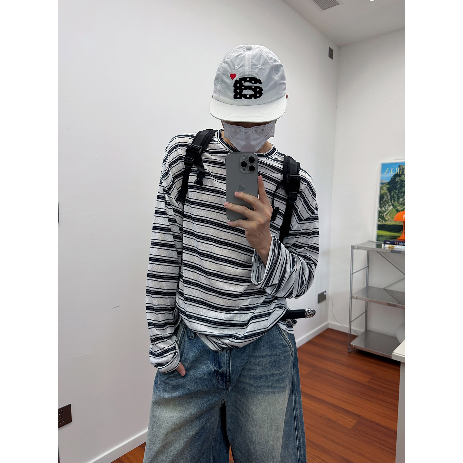 19studio WAYNEPRINCE 美式复古圆领条纹长袖T恤百搭宽松情侣上衣
