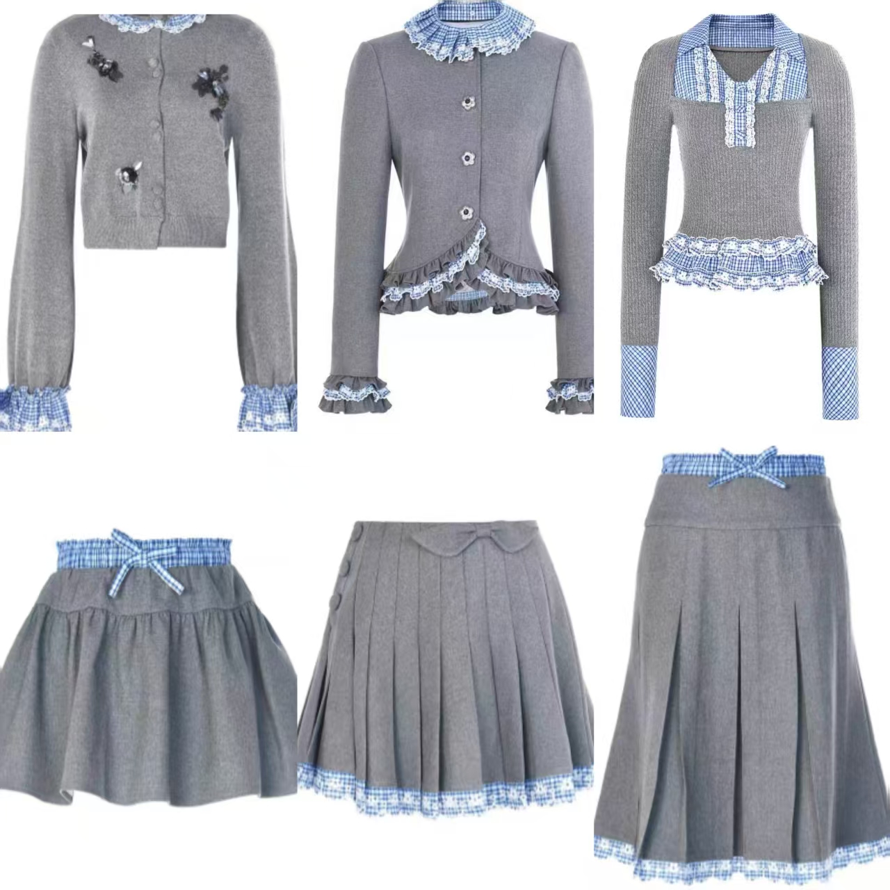 《no退no换默认微瑕》小清店灰色重工订珠灰色针织开衫拼接伞裙半裙