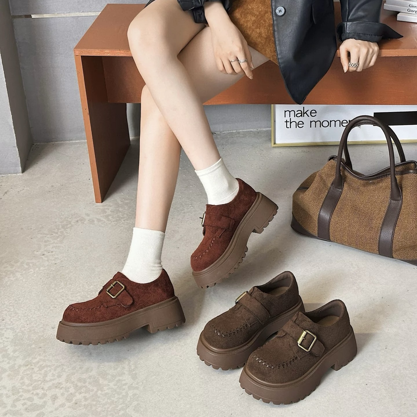 娜娜家26-893新款厚底乐福鞋圆头复古气质百搭乐福鞋