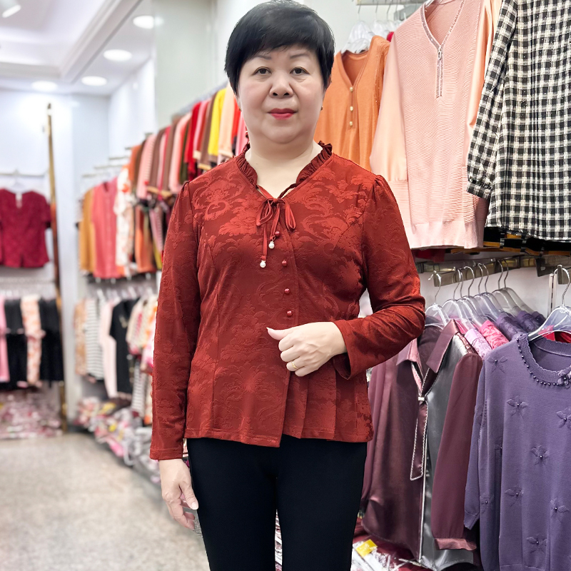 新中式国风秋季小个子妈妈装长袖提花T恤喜婆婆中老年短款上衣女