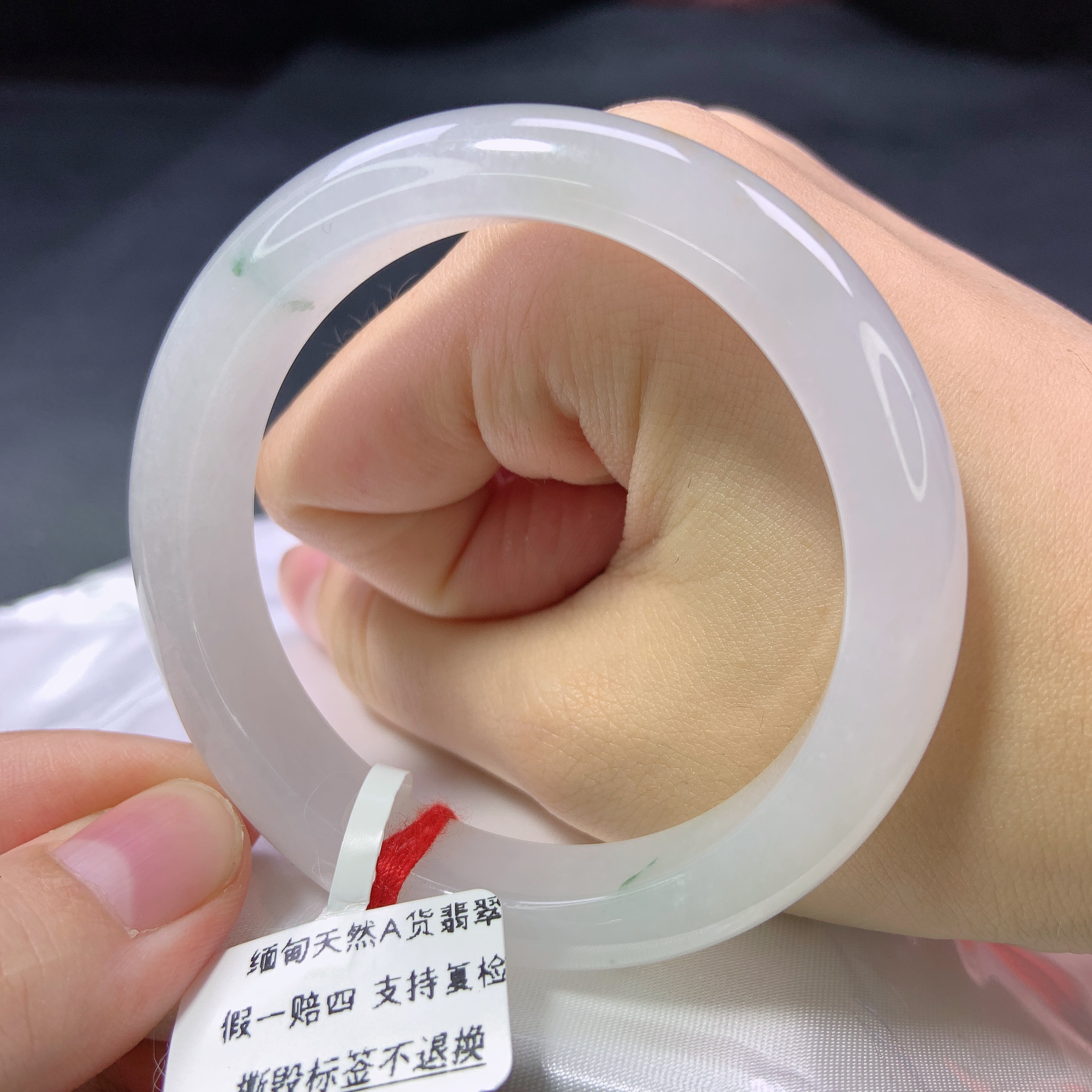 1563号缅甸天然A货翡翠50-51圈口糯冰白月光正圈手镯