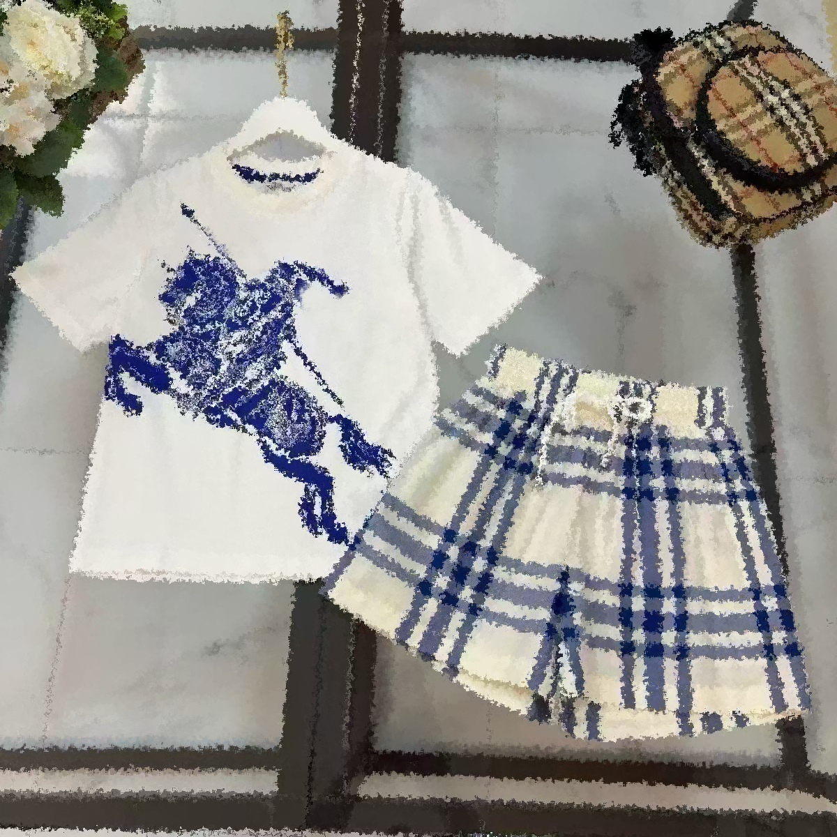 【战马】2025夏季男童T恤 宝宝上衣格子裤子棉套装