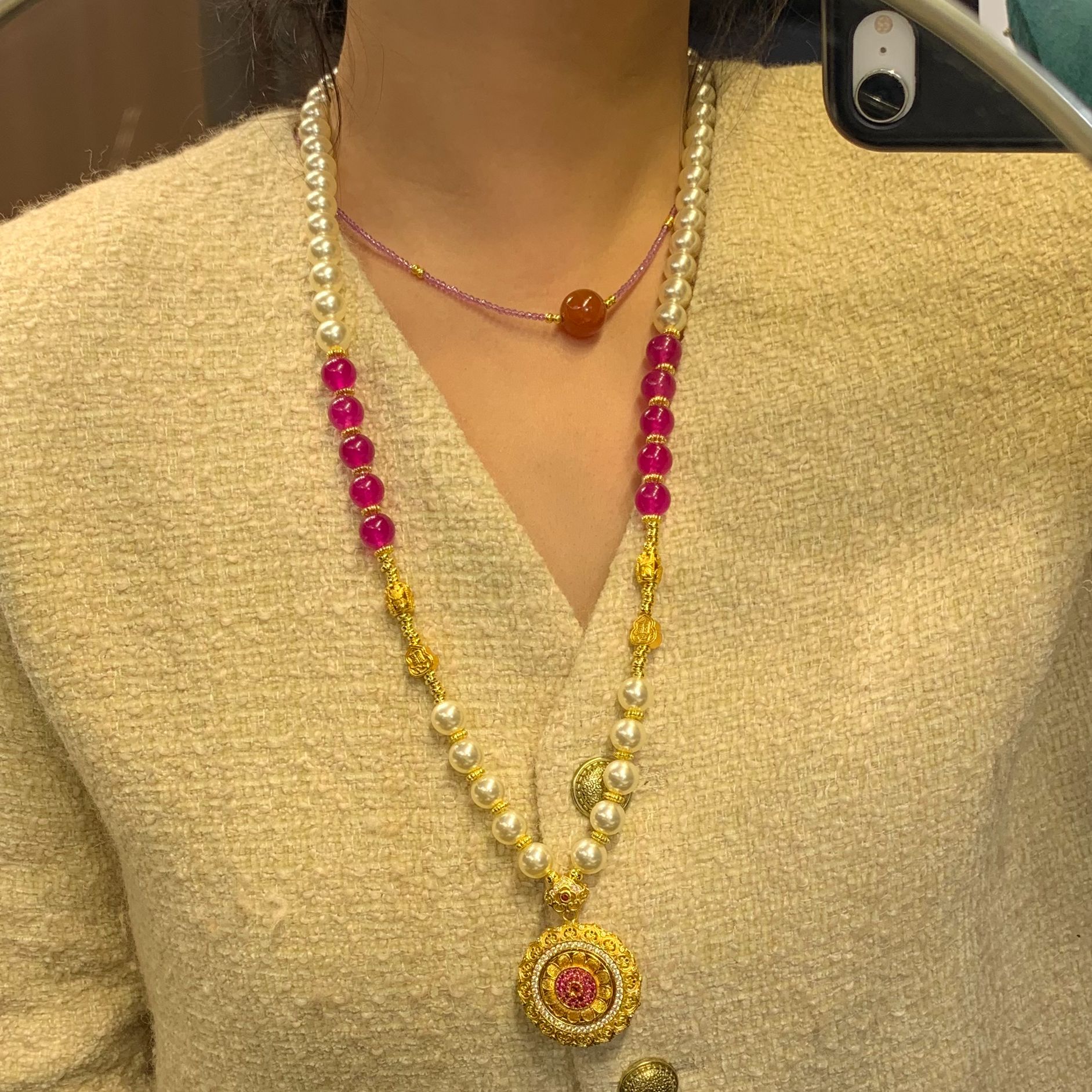 铜合金琉璃项链 新中式金色太阳花旋转罗盘项链L0011