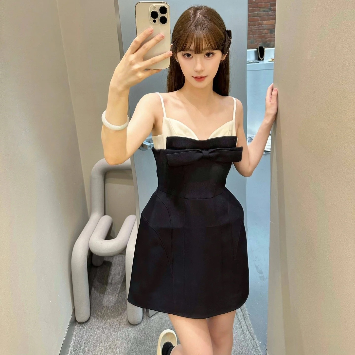 YOYO高定no退no换墨尔本少女藏蓝色蝴蝶结拼接吊带连衣裙25夏
