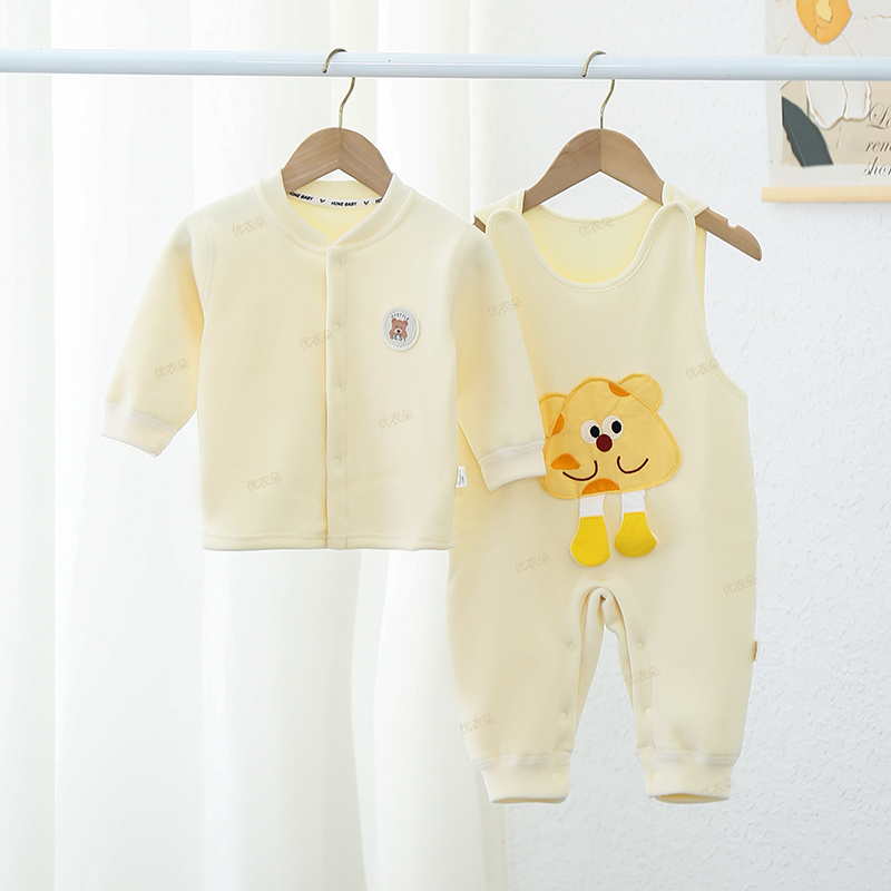 背带套加绒加厚卡通造型A类两件套婴儿外出保暖新生儿闭裆连体衣