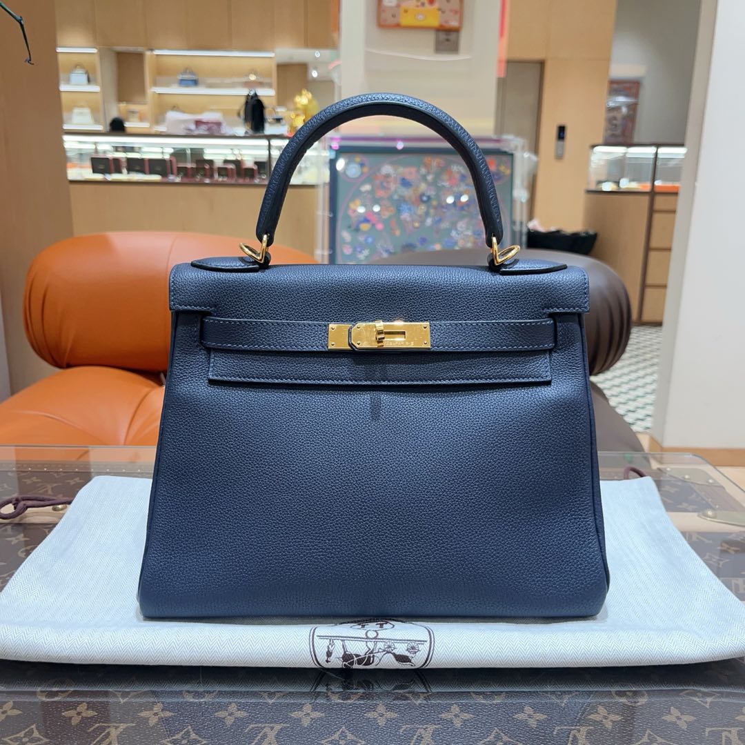 99新 Hermes/爱马仕 Kelly28/深邃蓝/金扣/togo皮包包