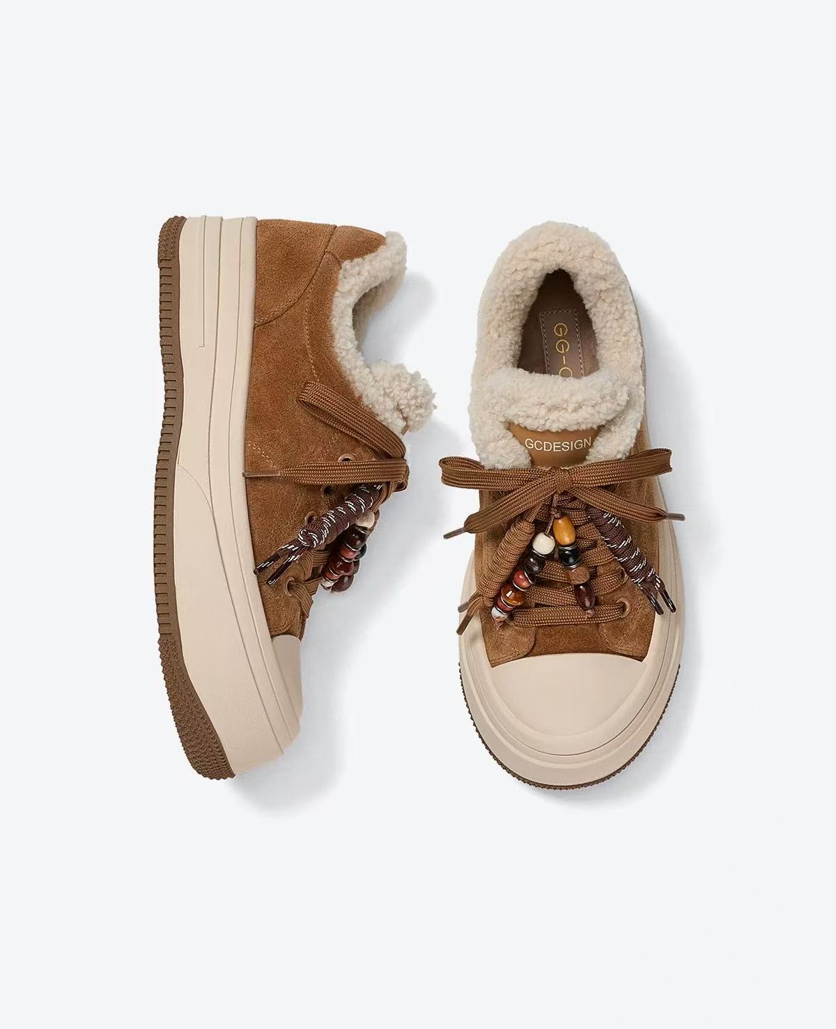 【莱萝书店】GGCC2025冬季新款潮流厚底羊毛绒里毛毛板鞋女休闲鞋