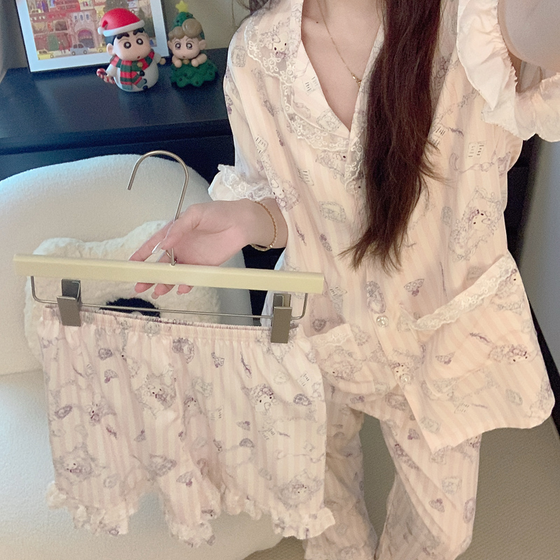KT猫2025新款睡衣女春秋夏季冰丝短袖甜美卡通三件套高级感家居服