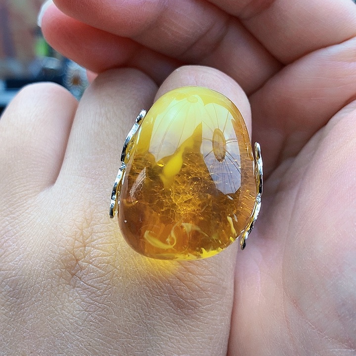 琥珀裸石银S925镶嵌戒指