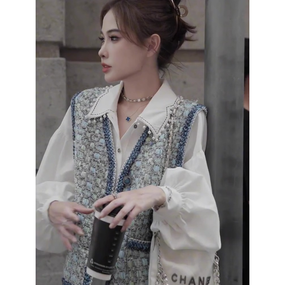 奶系穿搭春秋2025爆款新款小香风白色衬衫马甲套装女装两件套秋季