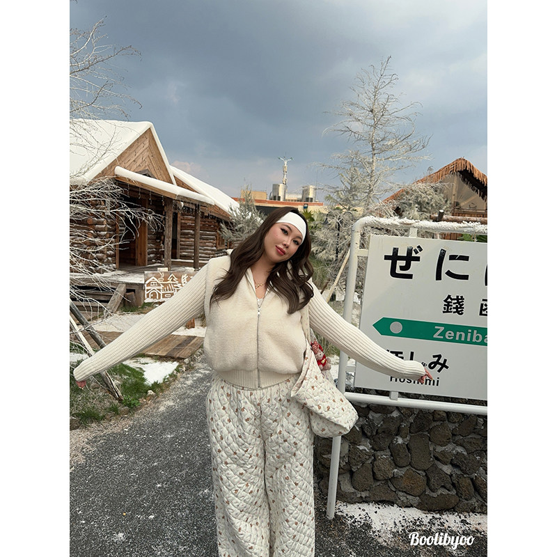 Boolibyoo阿德莱德 大码复古松弛感针织假两件拼接毛茸茸高领外套