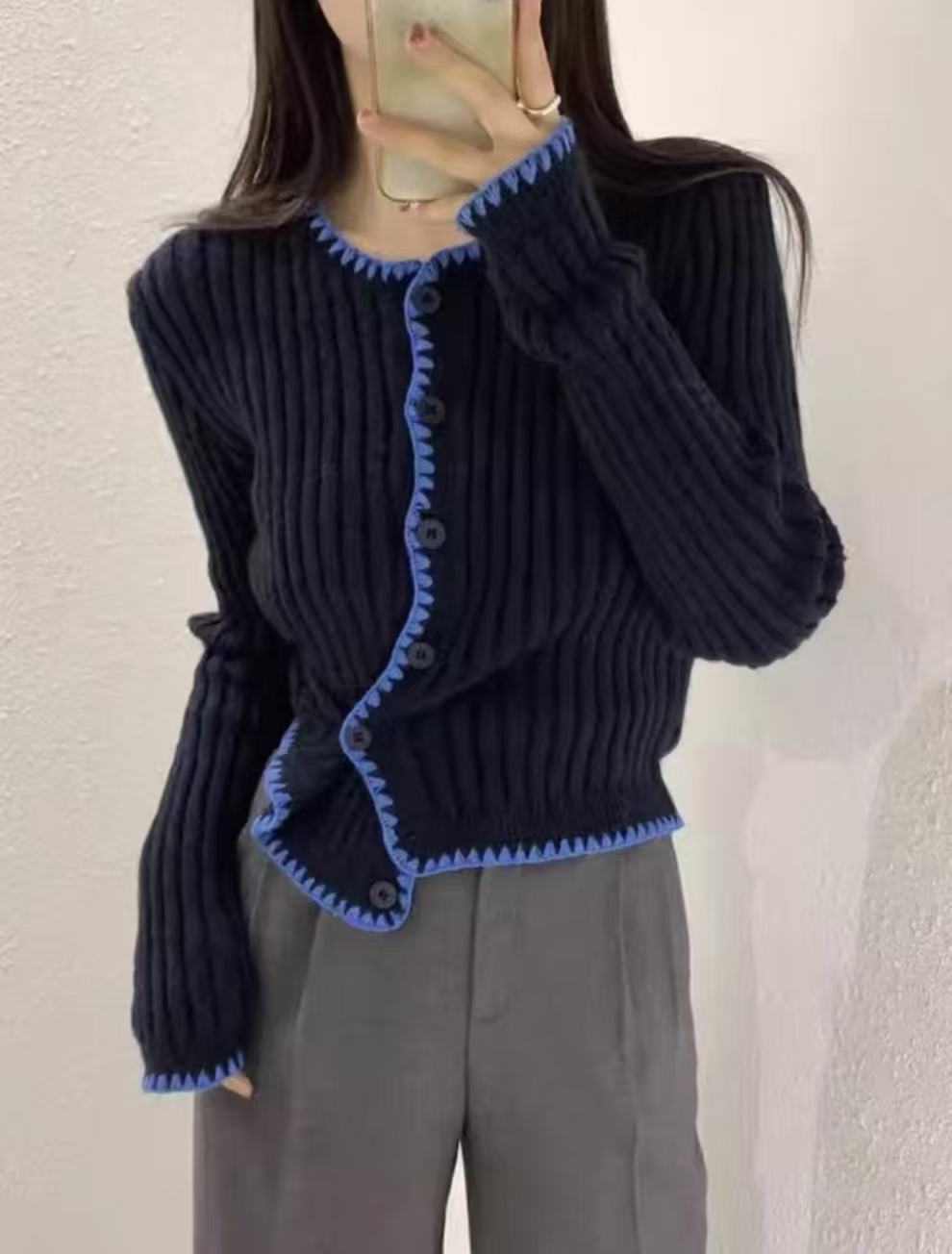 NICE圈圈/藏蓝色拼色特别单排扣韩系毛衣开衫A920