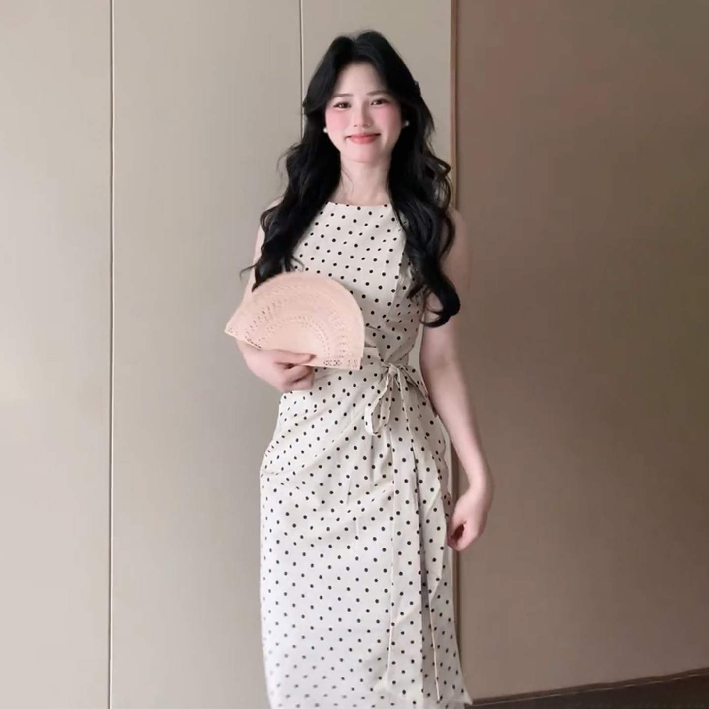 【现货+运补】白色波点连衣裙子女夏高级感绑带收腰显瘦长裙5633