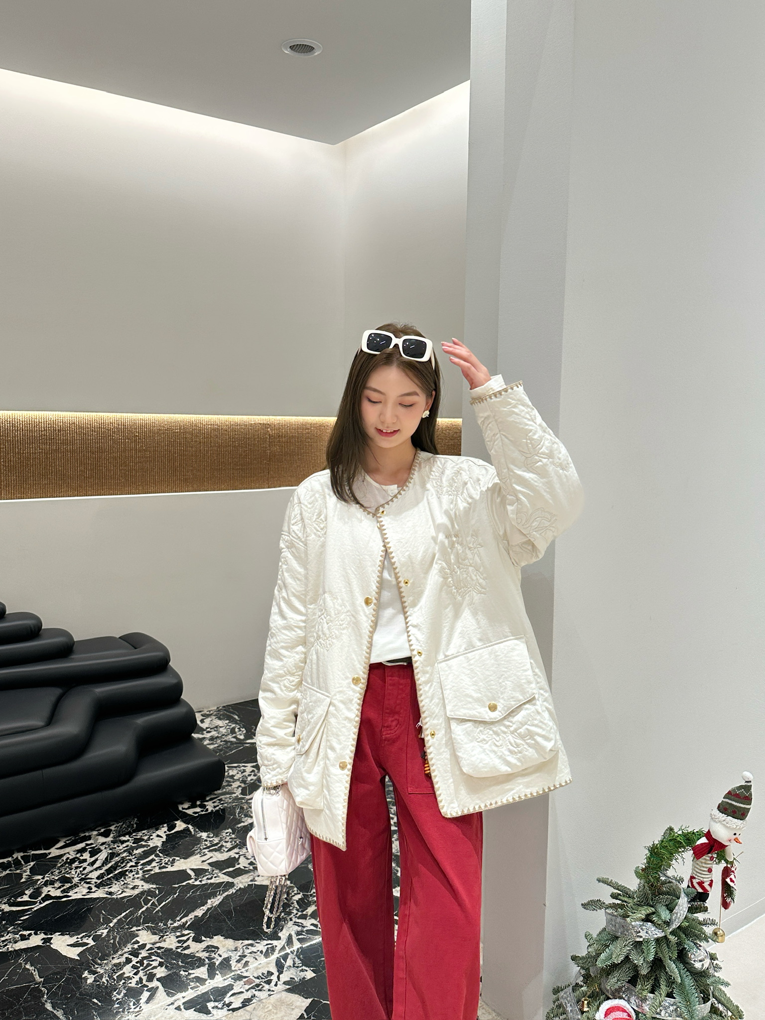 AVVENN 设计师品牌 竹马主题图案百搭绗棉撞色绣花边棉服