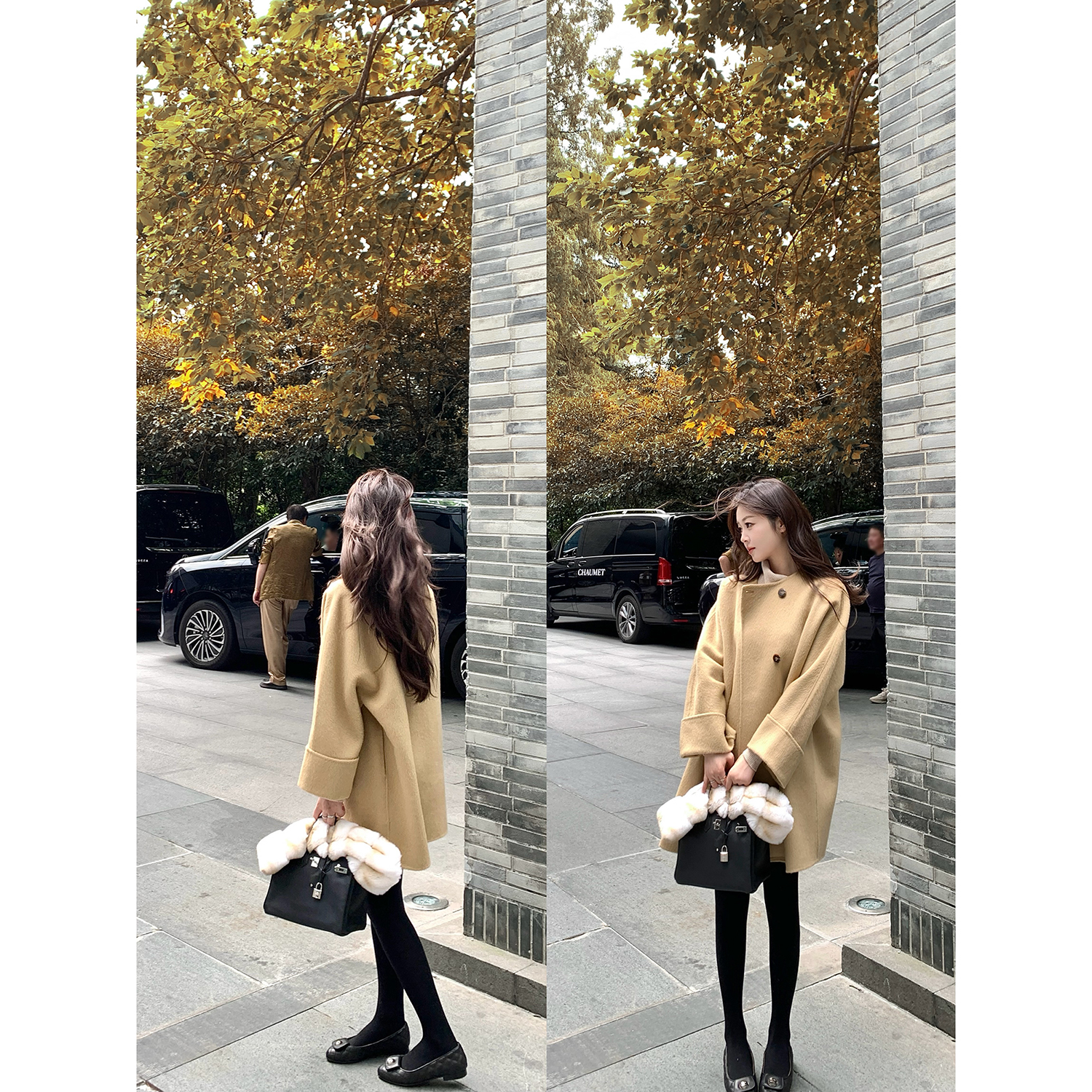 现货【AHY】柔软气质温柔简约无领中长款双面羊毛大衣新品ahy多多