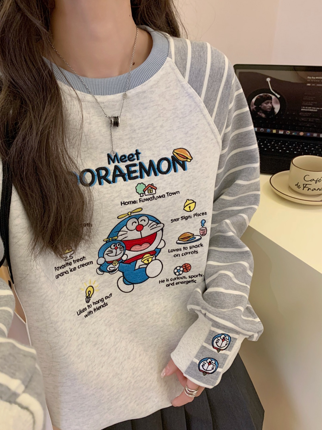 25春季新品【叮当猫条纹袖刺绣圆领卫衣】百搭时尚休闲减龄