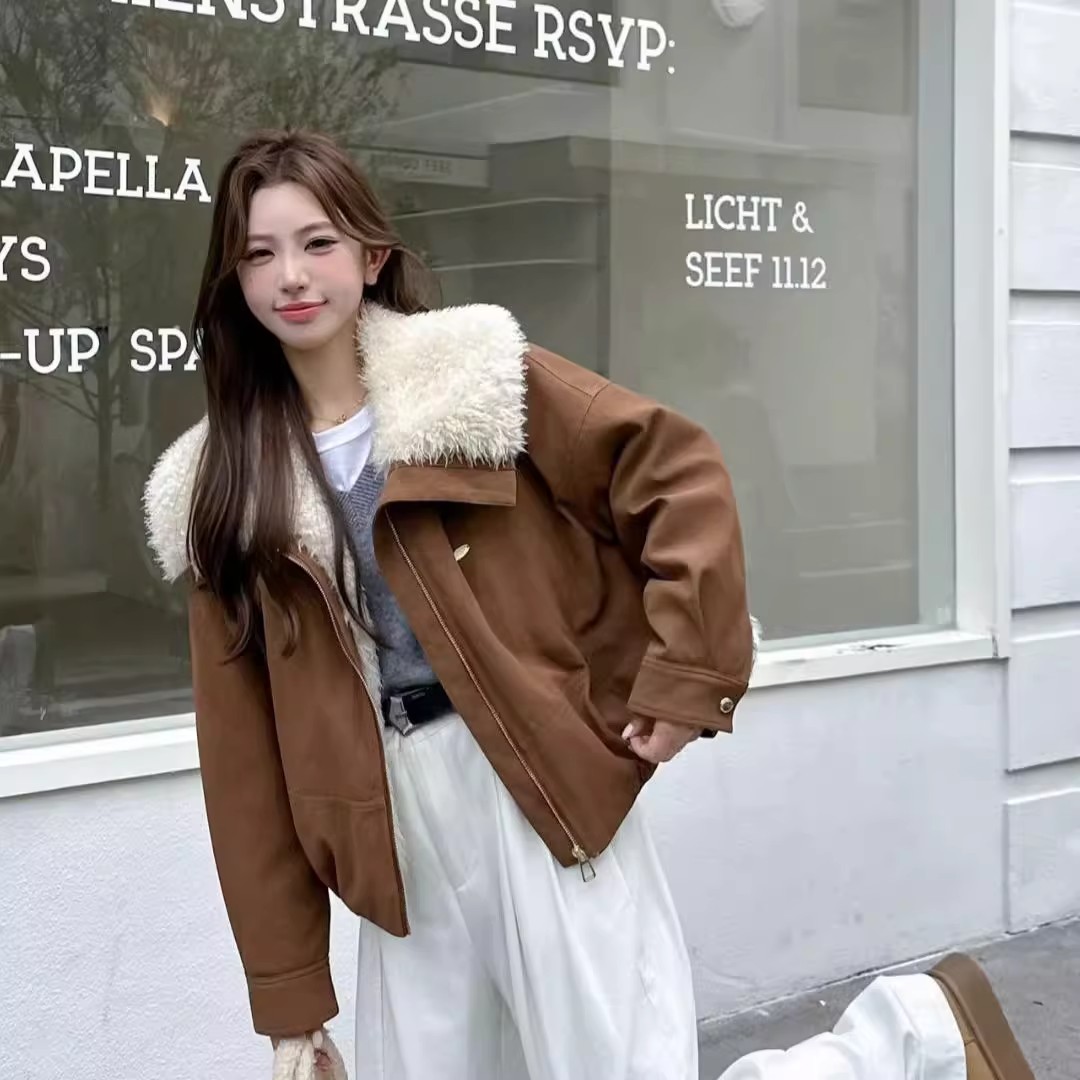 美式翻领加绒加厚绒蛋白皮外套女短款拼接保暖时尚百搭显瘦上衣