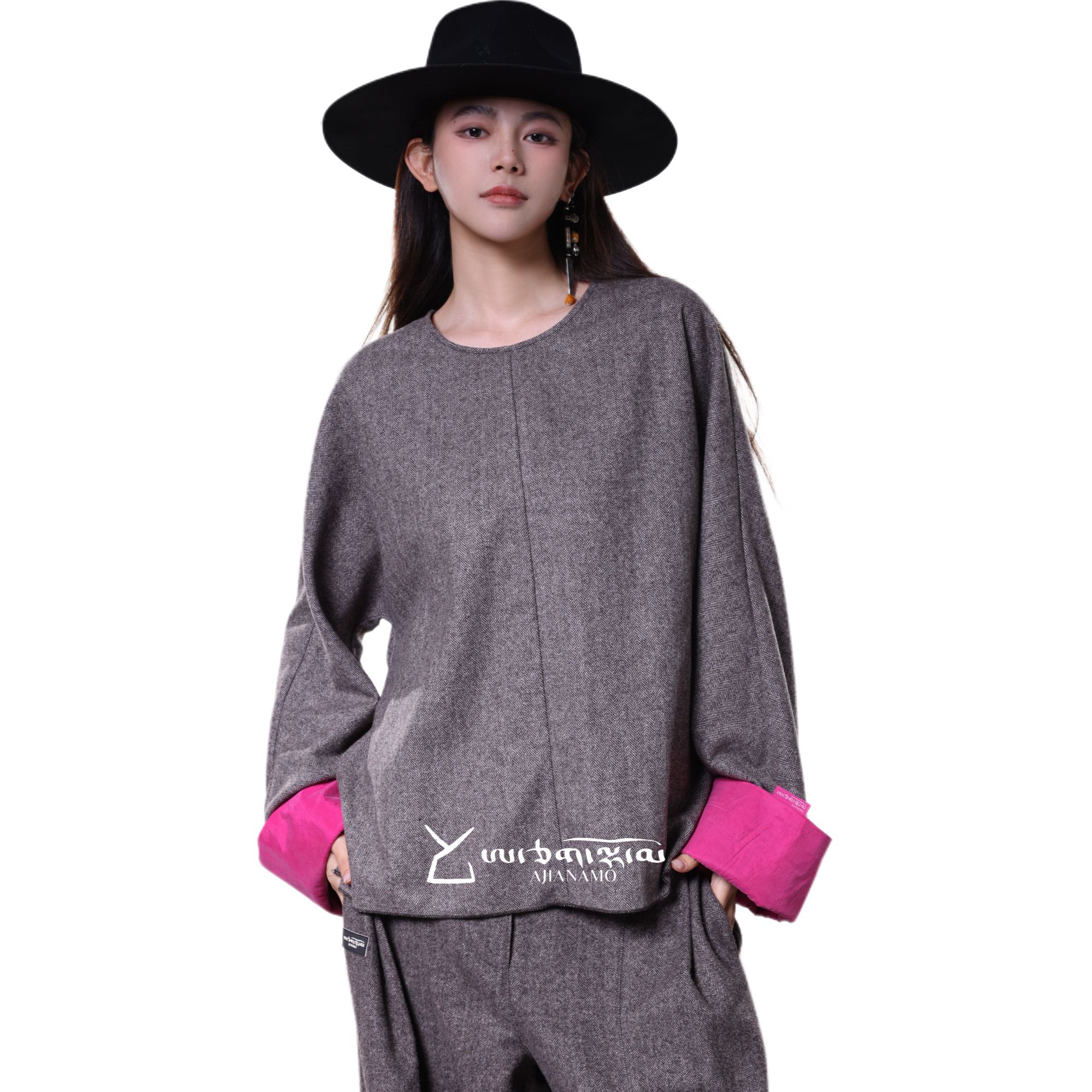 AJ-NAMO原创设计款大理石灰圆领套衫上衣