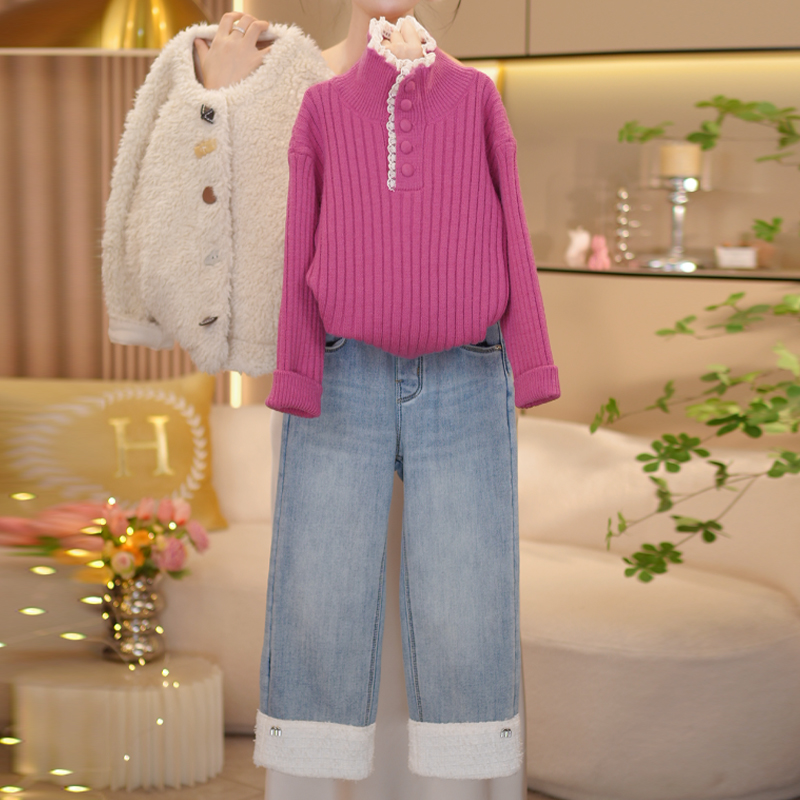【车厘少女】女童秋冬季2025新款时尚花边毛衣+加绒牛仔裤套装-9008