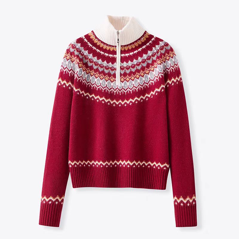 女式半拉链立领加厚费尔岛设计100绵羊毛衫24530