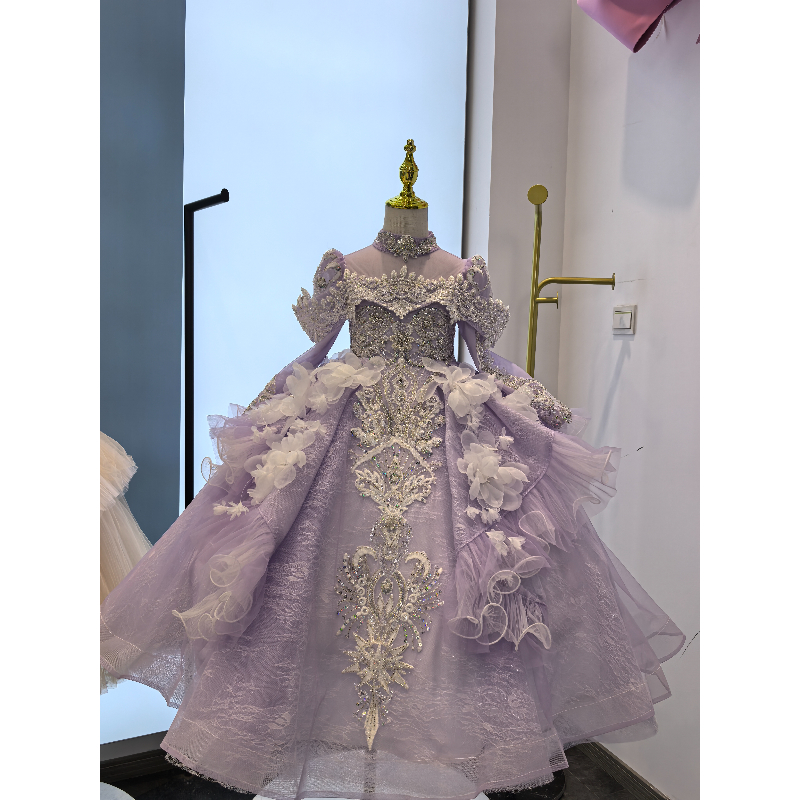 【紫梦】秋冬生日宴表演纯色女连衣裙女童公主裙春秋紫色轻奢晚礼服