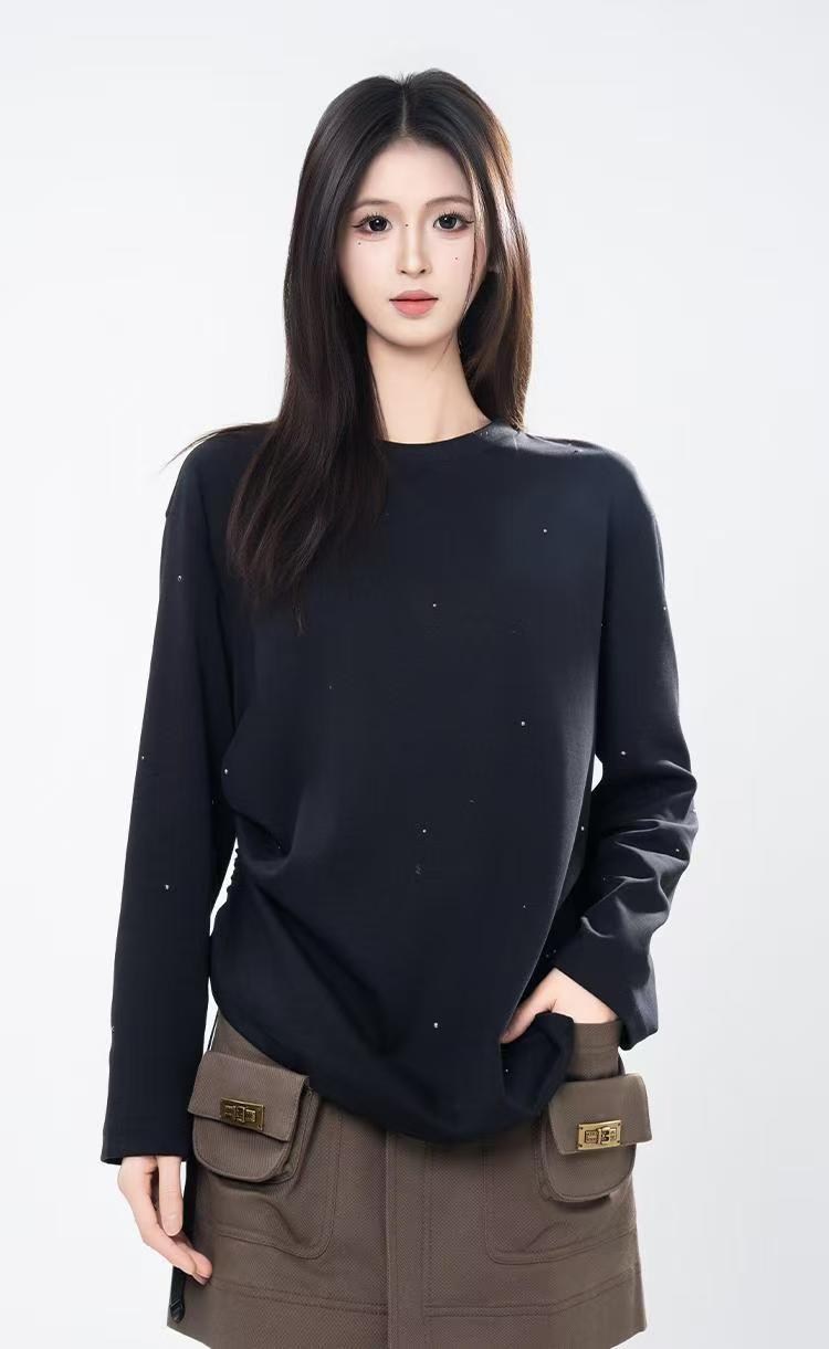 【商场同款】满天星烫钻卫衣时尚百搭慵懒感小众宽松打底衫女530100